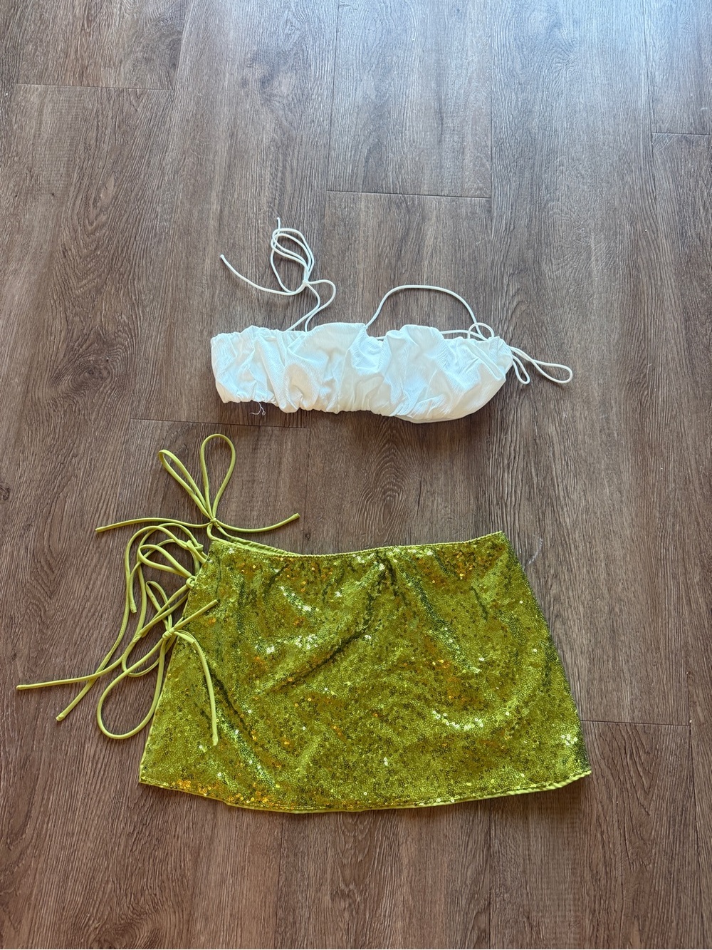 Sequin Mini Skirt in Chartreuse Green and White Crop Top